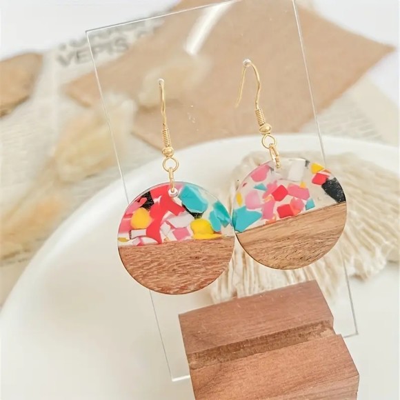 boutique Jewelry - Modern Circular Resin and Wood-Look Earrings